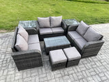 Fimous Wicker PE Rattan Garden Furniture Set 8 Seater Outdoor Lounge Sofa Set with Love Sofa Coffee Table 2 Side Tables 2 Small Footstools Dark Grey Mixed