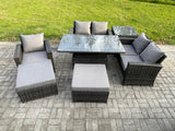 Fimous 7 Seater Outdoor Rattan Patio Furniture Set Garden Height Adjustable Rising Lifting Table Sofa Dining Sofa Set with Side Table 2 Big Footstool Dark Grey Mixed