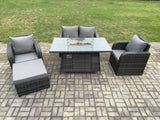 Fimous Rattan Outdoor Garden Furniture Set Gas Fire Pit Dining Table with Chair Love seat Sofa Footstool