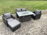 Fimous Rattan Outdoor Garden Furniture Set Gas Fire Pit Dining Table with Chair Love seat Sofa Footstool