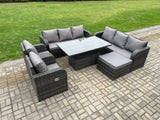 Fimous 9 Seater PE Rattan Outdoor Garden Furniture Sets Height Adjustable Rising lifting DiningTable Sofa Set with Reclining Chair Side Table Dark Grey Mixed