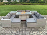 Fimous Outdoor Garden Dining Sets Rattan Furniture Gas Fire Pit Dining Table Gas Heater with 2 Side Tables 2 Big Footstools Light Grey