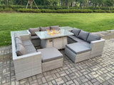 Fimous Outdoor Garden Dining Sets Rattan Furniture Gas Fire Pit Dining Table Gas Heater with 2 Side Tables 2 Big Footstools Light Grey