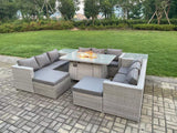 Fimous Outdoor Garden Dining Sets Rattan Furniture Gas Fire Pit Dining Table Gas Heater with 2 Side Tables 2 Big Footstools Light Grey