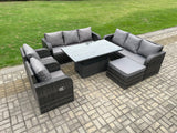 Fimous 9 Seater PE Rattan Outdoor Garden Furniture Sets Height Adjustable Rising lifting DiningTable Sofa Set with Reclining Chair Side Table Dark Grey Mixed