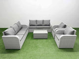 Fimous PE Rattan High Back Lounge Sofa Set Patio Coffee Table & Chairs Set with 3 Seater Sofa Reclining Chair Light Grey