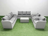 Fimous PE Rattan High Back Lounge Sofa Set Patio Coffee Table & Chairs Set with 3 Seater Sofa Reclining Chair 2 Side Table Light Grey