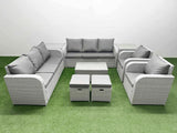 Fimous PE Rattan High Back Lounge Sofa Set Patio Coffee Table & Chairs Set with 3 Seater Sofa Reclining Chair Stools 2 Side Table Light Grey
