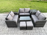 Fimous Outdoor Garden Furniture Sets 8 Seater Wicker Rattan Furniture Sofa Sets with Rectangular Coffee Table Love Sofa Side Table 2 Small Footstools Dark Grey Mixed
