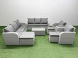 Fimous PE Rattan High Back Lounge Sofa Set Patio Coffee Table & Chairs Set with 3 Seater Sofa Reclining Chair 3 Stools Light Grey