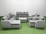 Fimous PE Rattan High Back Lounge Sofa Set Patio Coffee Table & Chairs Set with 3 Seater Sofa Reclining Chair 3 Stools Side Table Light Grey