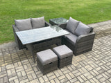 Fimous Garden Patio Furniture Wicker Rattan Oblong Rectangular Dining Table and Loveseat Sofa set with Side Table 2 Small Footstools Dark Grey Mixed