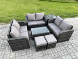 Fimous Outdoor Garden Furniture Sets 8 Seater Wicker Rattan Furniture Sofa Sets with Rectangular Coffee Table Love Sofa Side Table 2 Small Footstools Dark Grey Mixed