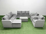 Fimous PE Rattan High Back Lounge Sofa Set Patio Coffee Table & Chairs Set with 3 Seater Sofa Reclining Chair Big Footstool 2 Side Table Light Grey