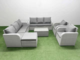 Fimous PE Rattan High Back Lounge Sofa Set Patio Coffee Table & Chairs Set with 3 Seater Sofa Reclining Chair Big Footstool Side Table Light Grey