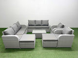 Fimous PE Rattan High Back Lounge Sofa Set Patio Coffee Table & Chairs Set with 3 Seater Sofa Reclining Chair 2 Big Footstool Light Grey