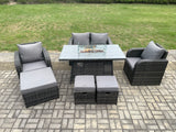 Fimous Rattan Garden Furniture Set Outdoor Patio Gas Fire Pit Dining Table and Chairs with Love seat Sofa 3 Footstools
