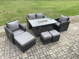Fimous Rattan Garden Furniture Set Outdoor Patio Gas Fire Pit Dining Table and Chairs with Love seat Sofa 3 Footstools