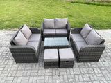 Fimous Outdoor Garden Furniture Sets 8 Seater Wicker Rattan Furniture Sofa Sets with Rectangular Coffee Table Love Sofa 2 Small Footstools Dark Grey Mixed