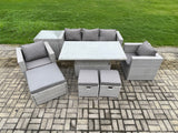 Fimous Outdoor Rattan Garden Funiture Set Height Adjustable Rising Lifting Table Sofa Dining Set with 2 Armchairs Side Table Footstools