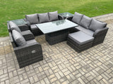 Fimous Rattan Outdoor Garden Furniture Sets Height Adjustable Rising lifting DiningTable Sofa Set with Reclining Chair 2 Side Table Big Footstool Dark Grey Mixed