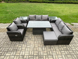 Fimous Rattan Outdoor Garden Furniture Sets Height Adjustable Rising lifting DiningTable Sofa Set with Reclining Chair 2 Side Table Big Footstool Dark Grey Mixed