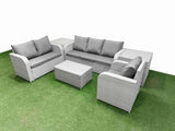 Fimous Patio PE Wicker 6 Seater Outdoor Rattan Furniture Sofa Sets with Rectangular Coffee Table Reclining Chair Loveseat Sofa 3 Seater Sofa 2 Side Table Light Grey