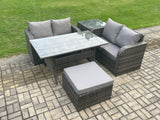 Fimous Garden Patio Furniture Wicker Rattan Oblong Rectangular Dining Table and Loveseat Sofa set with Side Table Big Footstool Dark Grey Mixed