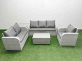 Fimous Patio PE Wicker 6 Seater Outdoor Rattan Furniture Sofa Sets with Rectangular Coffee Table Reclining Chair Loveseat Sofa 3 Seater Sofa Side Table Light Grey