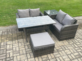 Fimous Garden Patio Furniture Wicker Rattan Oblong Rectangular Dining Table and Loveseat Sofa set with Side Table Big Footstool Dark Grey Mixed