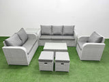Fimous Patio PE Wicker 8 Seater Outdoor Rattan Furniture Sofa Sets with Rectangular Coffee Table Reclining Chair Loveseat Sofa 3 Seater Sofa Stool Side Table Light Grey