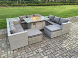 Fimous 11 Seater Outdoor Garden Dining Sets Rattan Furniture Gas Fire Pit Dining Table Gas Heater with Side Table 2 Big Footstools Light Grey