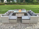 Fimous 11 Seater Outdoor Garden Dining Sets Rattan Furniture Gas Fire Pit Dining Table Gas Heater with Side Table 2 Big Footstools Light Grey