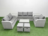 Fimous Patio PE Wicker 8 Seater Outdoor Rattan Furniture Sofa Sets with Rectangular Coffee Table Reclining Chair Loveseat Sofa 3 Seater Sofa Stool 2 Side Table Light Grey