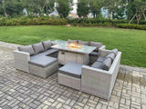 Fimous 11 Seater Outdoor Garden Dining Sets Rattan Furniture Gas Fire Pit Dining Table Gas Heater with Side Table 2 Big Footstools Light Grey