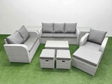 Fimous Patio PE Wicker 9 Seater Outdoor Rattan Furniture Sofa Sets with Rectangular Coffee Table Reclining Chair Loveseat Sofa 3 Seater Sofa Stool 2 Side Table Light Grey