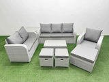 Fimous Patio PE Wicker 9 Seater Outdoor Rattan Furniture Sofa Sets with Rectangular Coffee Table Reclining Chair Loveseat Sofa 3 Seater Sofa Stool Side Table Light Grey