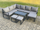 Fimous Aluminum 9 Seater Outdoor Lounge Corner Sofa Set Garden Furniture Sets with Oblong Coffee Table 3 Footstools Dark Grey