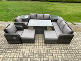 Fimous Rattan Outdoor Garden Furniture Sets Height Adjustable Rising lifting Dining Table Reclining Chair Sofa Set with 2 Side Tables 2 Big Footstools Dark Grey Mixed