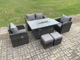 Fimous Rattan Outdoor Garden Furniture Sofa Set Gas Fire Pit Dining Table Gas Heater with Love Sofa 2 Small Footstool Dark Grey Mixed