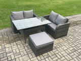 Fimous Garden Patio Furniture Wicker Rattan Oblong Rectangular Dining Table and Loveseat Sofa set with Big Footstool Dark Grey Mixed