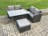 Fimous Garden Patio Furniture Wicker Rattan Oblong Rectangular Dining Table and Loveseat Sofa set with Big Footstool Dark Grey Mixed