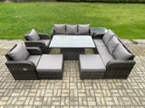 Fimous Rattan Outdoor Garden Furniture Sets Height Adjustable Rising lifting Dining Table Reclining Chair Sofa Set with Side Tables 2 Big Footstools Dark Grey Mixed