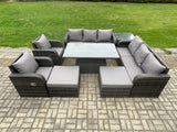 Fimous Rattan Outdoor Garden Furniture Sets Height Adjustable Rising lifting Dining Table Reclining Chair Sofa Set with Side Tables 2 Big Footstools Dark Grey Mixed