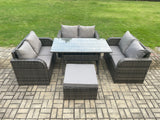 Fimous Wicker PE Rattan Sofa Outdoor Garden Furniture Set with Rectangular Dining Table Big Footstool Dark Grey Mixed