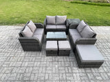 Fimous Outdoor Garden Furniture Sets 9 Seater Wicker Rattan Furniture Sofa Set with Rectangular Coffee Table Love Sofa 3 Footstools Side Table