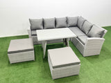 Fimous 8 Seater Garden Outdoor Rattan Furniture Set Rattan Corner Sofa Oblong Dining Table Set with 2 Big Footstools Light Grey Mixed