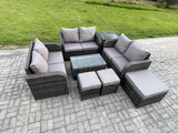 Fimous Outdoor Garden Furniture Sets 9 Seater Wicker Rattan Furniture Sofa Set with Rectangular Coffee Table Love Sofa 3 Footstools Side Table