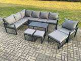 Fimous Aluminum 10 Seater Outdoor Lounge Corner Sofa Set Garden Furniture Sets with Oblong Coffee Table Chair 3 Footstools Dark Grey