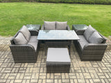 Fimous 7 Seater Outdoor Rattan Garden Furniture Set with Patio Rectangular Dining Table Love Sofa 2 Side Tables Big Footstool Dark Grey Mixed